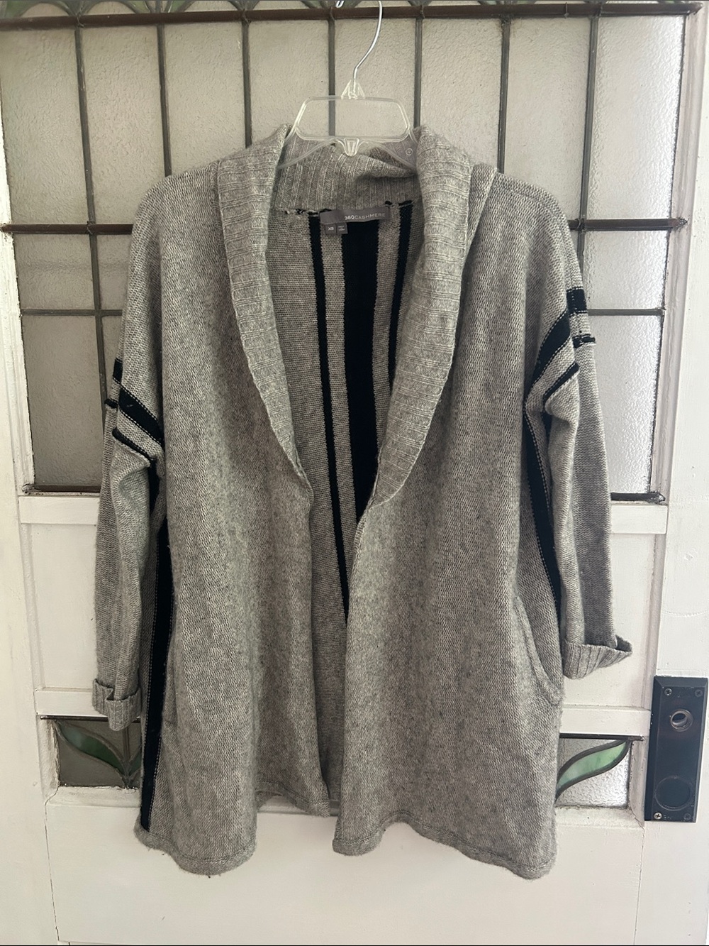 360 Cashmere Gray Shawl Collar Open Cardigan with Black Stripes